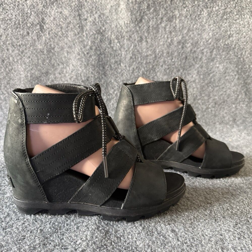 Sorel Joanie II Lace Up Wedge Sandals Strappy Black Leather  Women’s US 8 EU 39